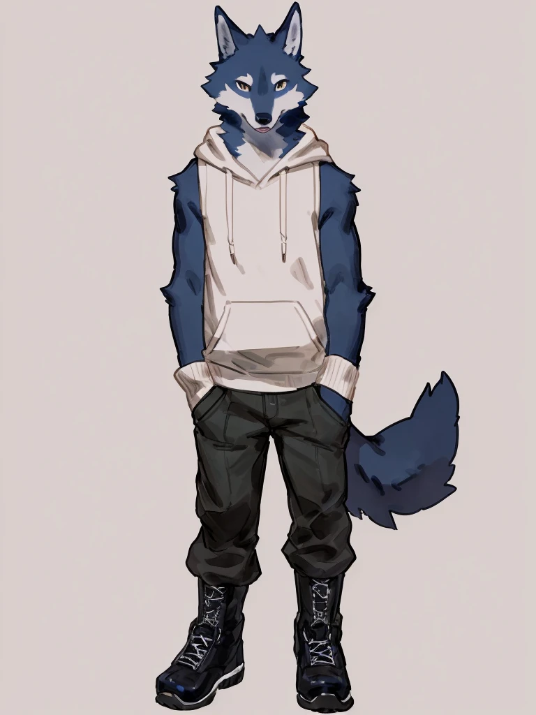 ((Best quality, masterpiece, detailed anatomy, detailed eyes, detailed hands, perfect lighting, perfect shading, no color, sketch line art)), by Buta99, by Bebebebebe, 1male, Wolf, furs, tight body, eyes, skinny chub body, young body, sleeveless hoodie, pants, boots, at the white background