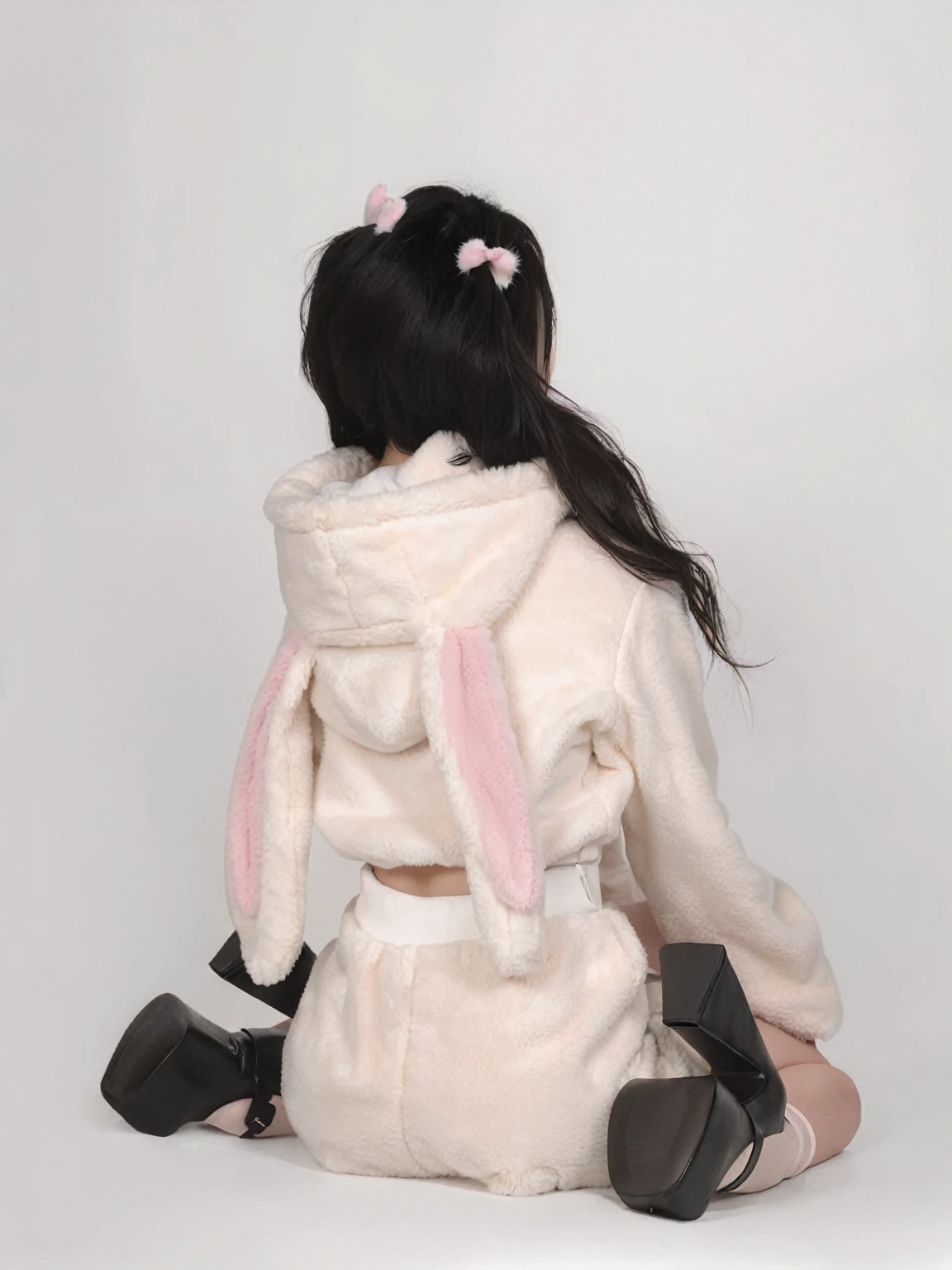 araffe dressed in a white outfit sitting on the floor, bunny suit, wearing a bunny suit, bunny girl, ultrarealistic sweet bunny girl, bunny, sha xi, cute fumo plush bunny girl, designed for cozy aesthetics!, wearing a pink rabbit costume, female furry mini cute style, e - girl, e-girl, with long floppy rabbit ears