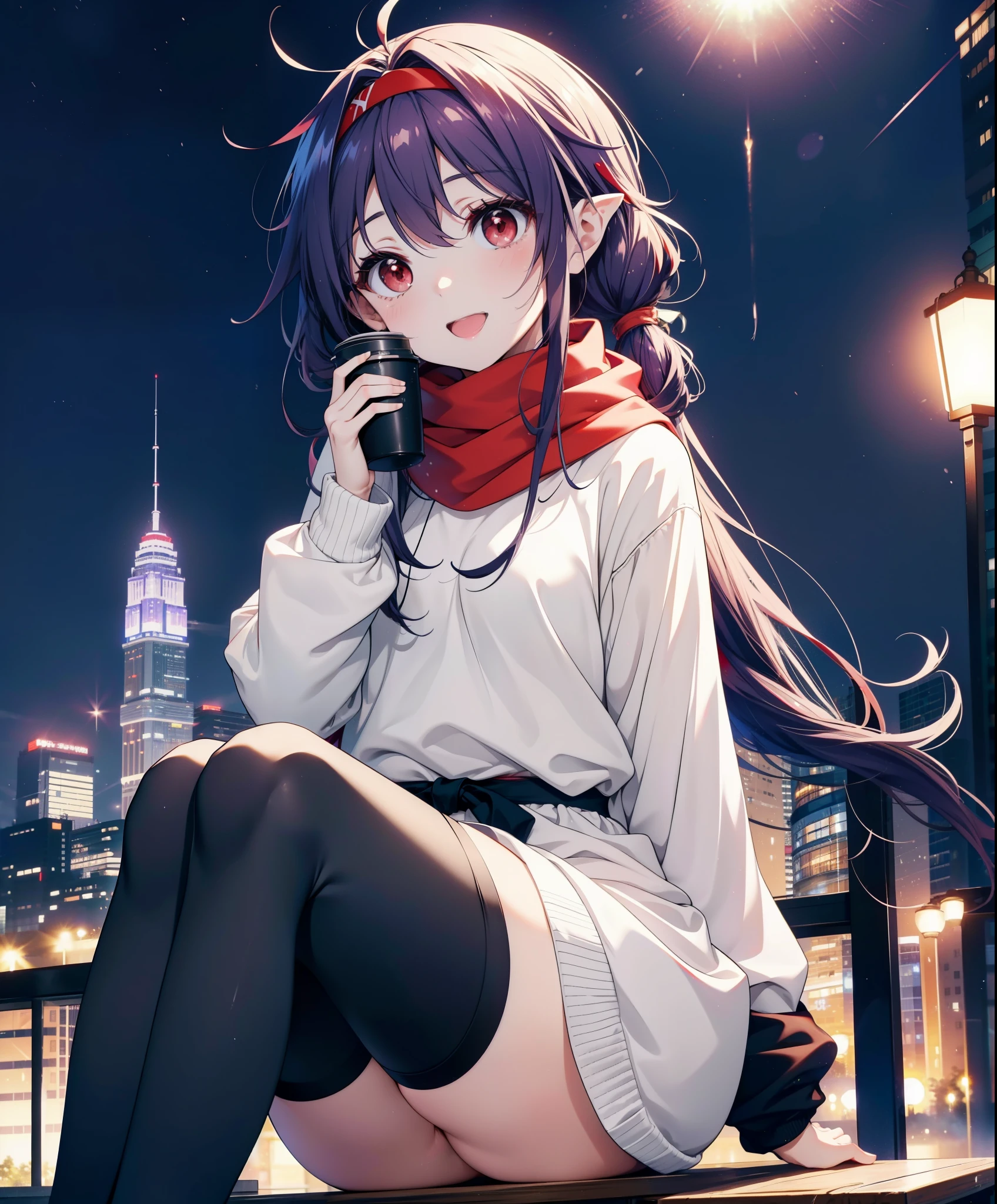 yuukikonno, Konno Yuuki, Long Hair, Pointed Ears, Purple Hair, (Red eyes:1.5), (Small :1.2), Open your mouth,happy smile, smile, Open your mouth,hair band,low twin tail,Red Scarf,Oversized purple hoodie,Long skirt,Black pantyhose,short boots,Holding a paper cup of coffee in both hands,Sitting on a bench,snowが降っている,snowが降り積もっている,snow,snow,snow,snow,snowが積もった木,winter,Cold Sky,night,whole bodyがイラストに入るように,
break looking at viewer,  whole body,
break outdoors, garden,
break (masterpiece:1.2), Highest quality, High resolution, unity 8k wallpaper, (figure:0.8), (Beautiful attention to detail:1.6), Highly detailed face, Perfect lighting, Highly detailed CG, (Perfect hands, Perfect ),