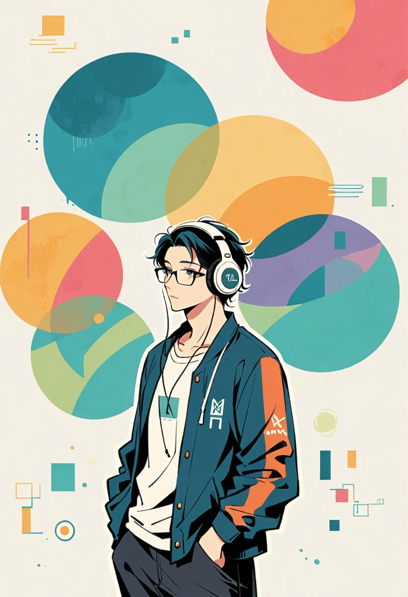 Watase Seizo style, Standing in front of a wall,Simple line initials,Abstract art,Urban Background, Wear headphones, Large black-rimmed glasses, (((The most beautiful men))), (((a bit)))