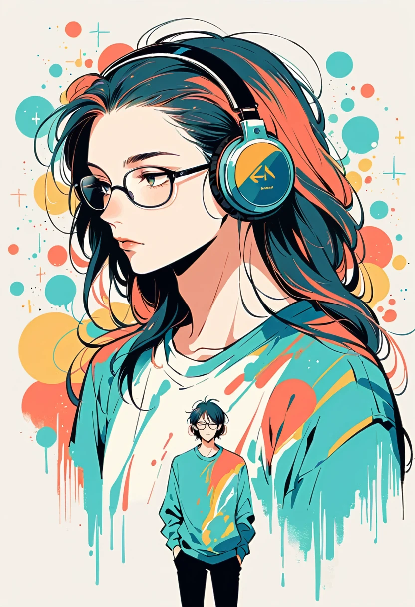 Watase Seizo style, Standing in front of a wall,Simple line initials,Abstract art,Urban Background, Wear headphones, Large black-rimmed glasses, (((The most beautiful men))), (((a bit)))