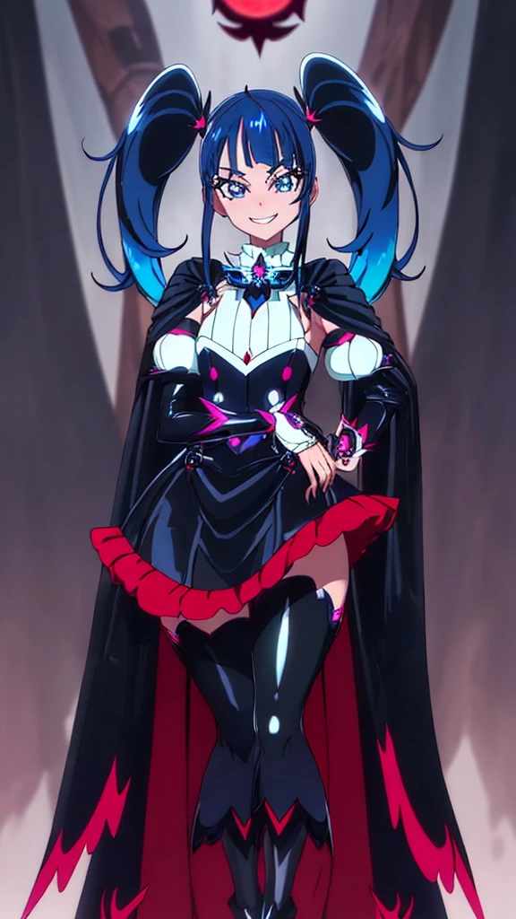 Highest quality, Super detailed,One girl, alone, {cure_null_hirogarunullprecure:1.15}, Dark blue hair, blue eyes, Blue flames in the eyes, Long Hair, Twin tails, Magical girl, bangs, Open your mouth, Redhead, multicoloRedhead, One girl, blunt bangs, Darken your clothes, hair ornaments, Wicked Smile, devilish aura (Shiny fabric:1.5), Full Body Shot, Purple Gemstone, Fascinating, blush, (Beautiful attention to detail:1.6), Highly detailed face, Perfect lighting, Highly detailed CG, (Perfect hands, Perfect Anatomy), devil, Red and black color scheme, Shiny material, Grin, blackリボン, Black satin gloves, Evil clover leaf ornament, Black ruffles, jewelry, corruption, Latex gloss, Black Gothic Cloak, Wicked Smile, Dark world background, Red Moon, cloudy null, CG Style, One-sided black wing,deep shaded face,sadistic smile,Malice,contempt,laugh at,black