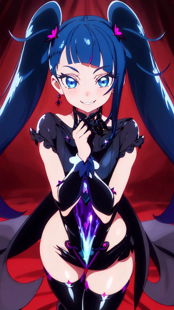 Highest quality, Super detailed,One girl, alone, {cure_null_hirogarunullprecure:1.15}, Dark blue hair, blue eyes, Blue flames in the eyes, Long Hair, Twin tails, Magical girl, bangs, Open your mouth, Redhead, multicoloRedhead, One girl, blunt bangs, Darken your clothes, hair ornaments, Wicked Smile, devilish aura (Shiny fabric:1.5), Full Body Shot, Purple Gemstone, Fascinating, blush, (Beautiful attention to detail:1.6), Highly detailed face, Perfect lighting, Highly detailed CG, (Perfect hands, Perfect Anatomy), devil, Red and black color scheme, Shiny material, Grin, blackリボン, Black satin gloves, Evil clover leaf ornament, Black ruffles, jewelry, corruption, Latex gloss, Black Gothic Cloak, Wicked Smile, Dark world background, Red Moon, cloudy null, CG Style, One-sided black wing,deep shaded face,sadistic smile,Malice,contempt,laugh at,black