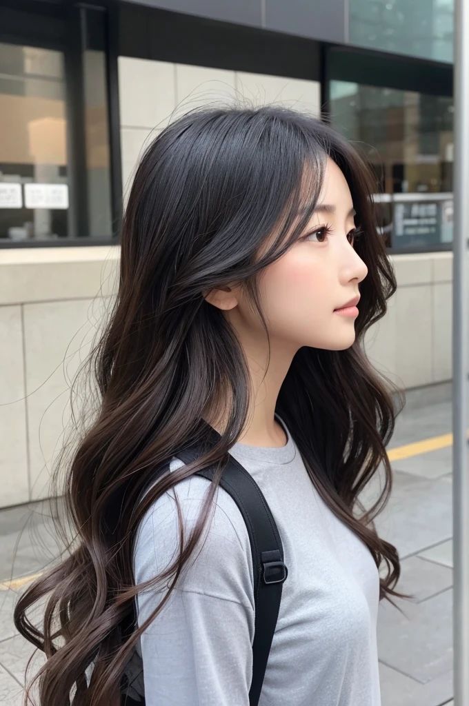 Profile of a girl　Long, lightly wavy black hair　Asian Beauty　She&#39;s both cute and beautiful.