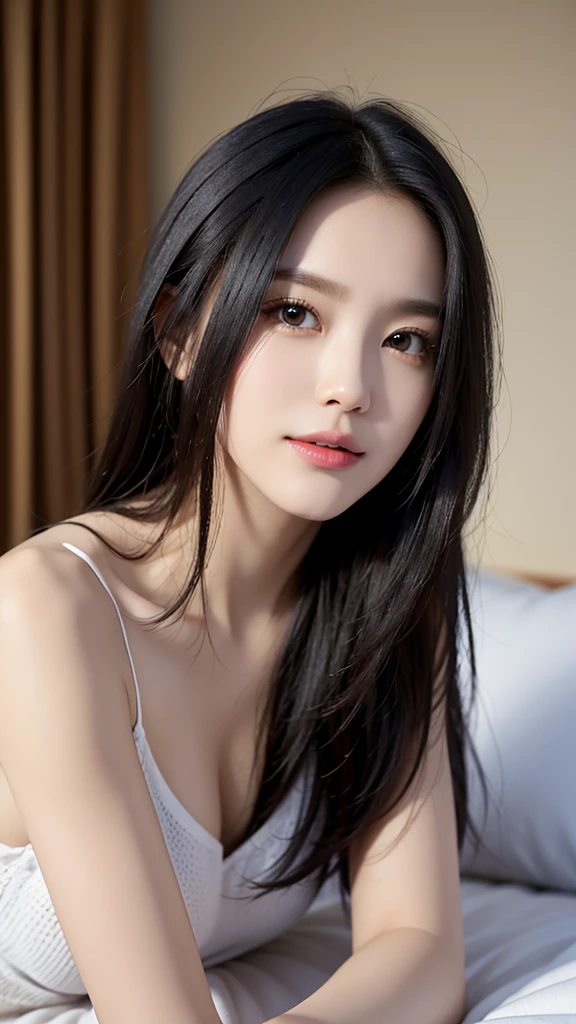 (8k),(RAW Photos),(Highest quality),(masterpiece:1.2),Sharp focus,natural shading,hyper realistic,(Small breasts),Realistic Face,超Realistic Face,Beautiful face,detailed,超detailed,slim,(Black hair straight:1.3),Double eyelids,非常にdetailedな顔,smile,Depth of field,Shiny Hair,leaning forward,natural shading,volumetric lighting,Realistic Skin,Realistic Shadows,pajamas,On the bed,Bedside lamp,night