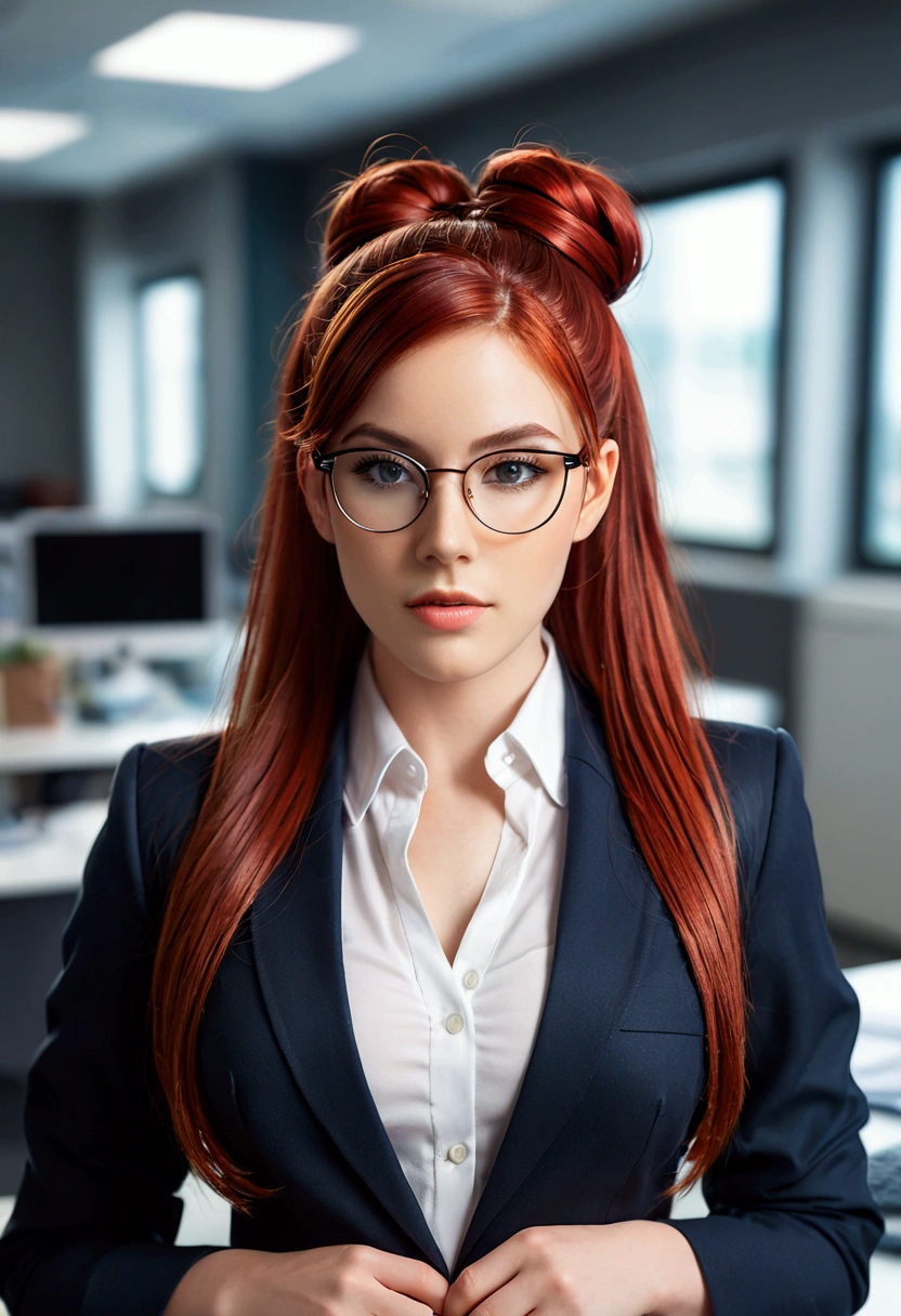 ultra realistic, photography, long red hair, girl, 24 years old, perfect body, Flirty look, extremely detailed artgerm, in the style artgerm, facing the camera, lens 35 mm, blur background, in an office, wearing a secretary outfit, wearing glasses, hair in a bun