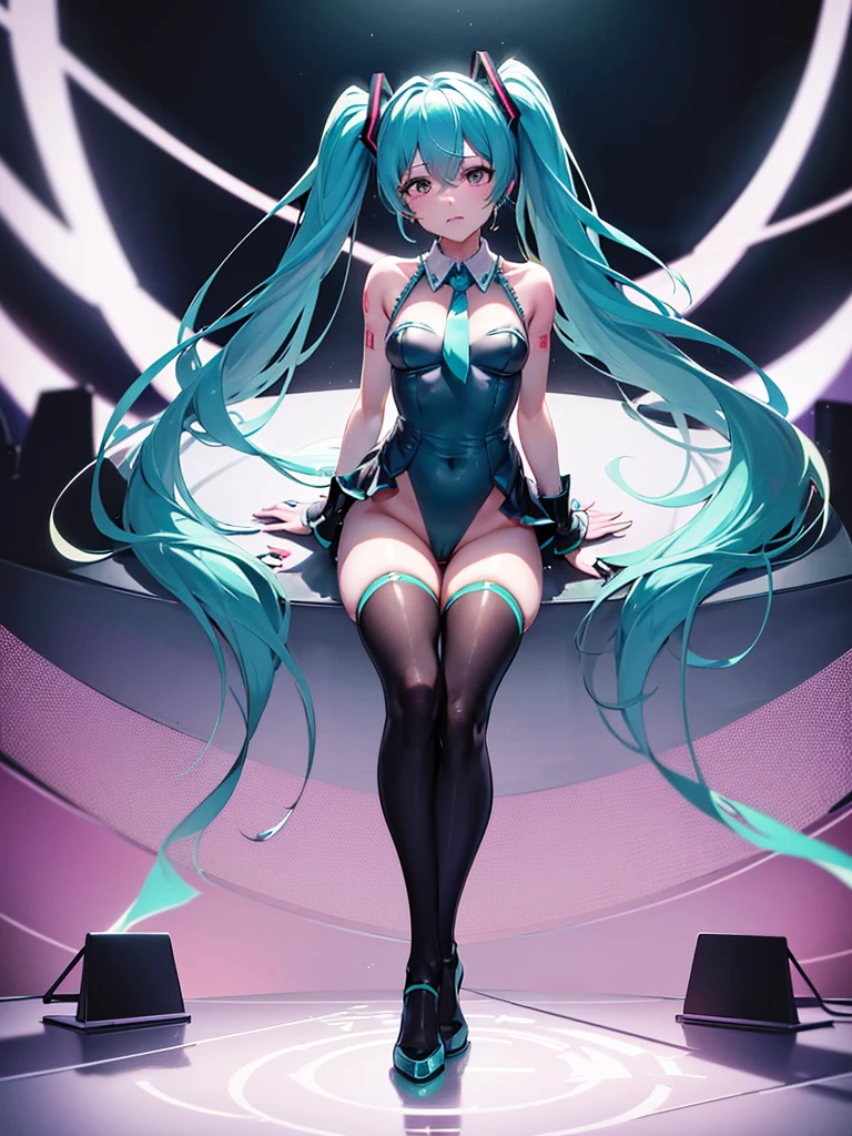 ( Absurd , high quality , Super detailed, Watch your hands,Pay attention to the shape of your legs )One girl,Hatsune Miku,The physique is thin,Small breasts,The outfit is a reverse bunny outfit,Wearing a collar,Spread your legs,Spread your legs,The location is on the stage,Sit on a desk,Crying face,The complexion is red