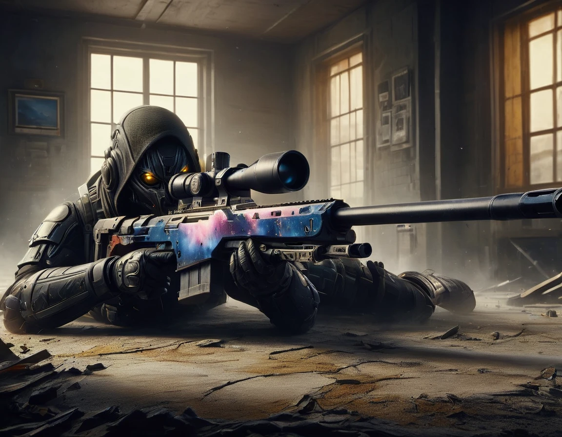 Sniper Rifle、(A dark apartment room with closed curtains:1.75A real sniper in)、(Aim the Barrett M82 sniper rifle at a target through a slightly open window:1.9)、Very detailed、Cinematic lighting、Dramatic atmosphere、Photorealistic、Master Writing、Moody、Rough、Tactical、High contrast、Depth of written boundary、1 person、special forceilitary、correct、Deadly、strong、Realistic Weapons、Extreme Details、Dark Shadows、Dramatic Shadows、An impactful composition、Suspense、Tension、gloomy、Realistic Textures、Realistic Materials、Cinematic Framing、Chiaroscuro Lighting