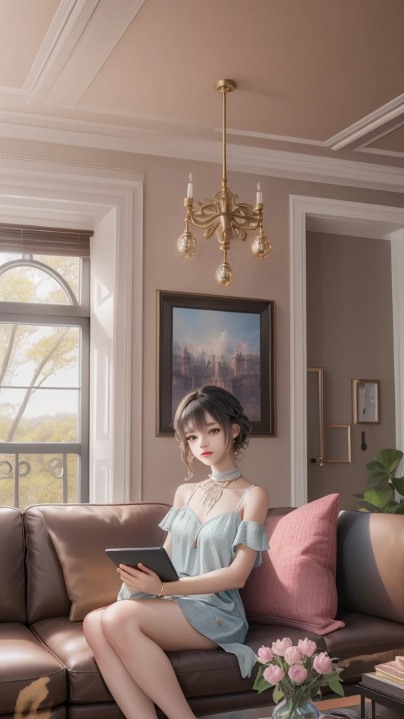 woman sitting on a couch using a tablet computer in a living room, delightful surroundings, beautiful surroundings, a super-smart, portrait shot, using a magical tablet, ad image, location in a apartment, having a good time, mixed art, media photo, at home, relaxing on a couch, intricate masterpiece, sitting on couch, sitting on a couch