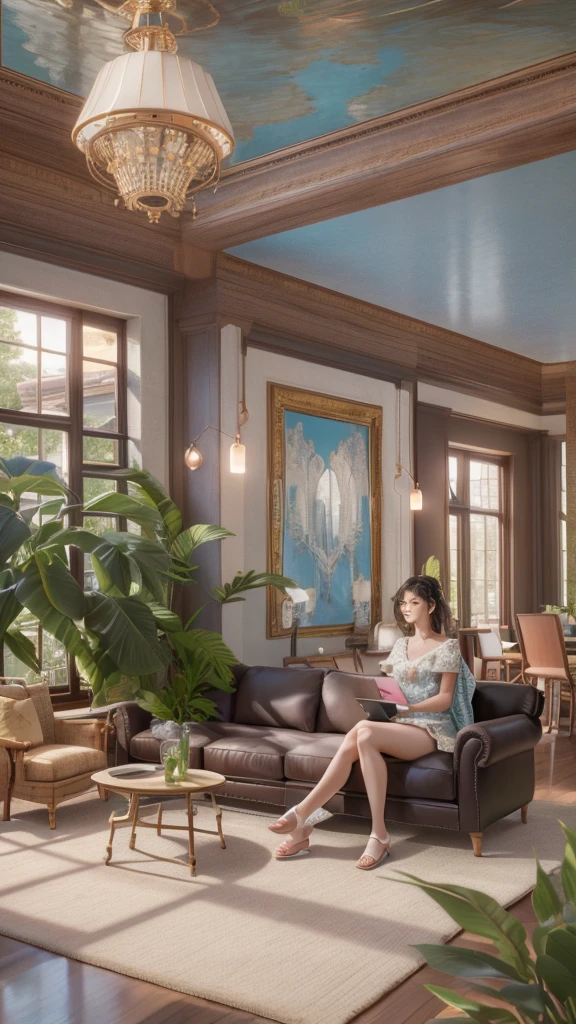 woman sitting on a couch using a tablet computer in a living room, delightful surroundings, beautiful surroundings, a super-smart, portrait shot, using a magical tablet, ad image, location in a apartment, having a good time, mixed art, media photo, at home, relaxing on a couch, intricate masterpiece, sitting on couch, sitting on a couch
