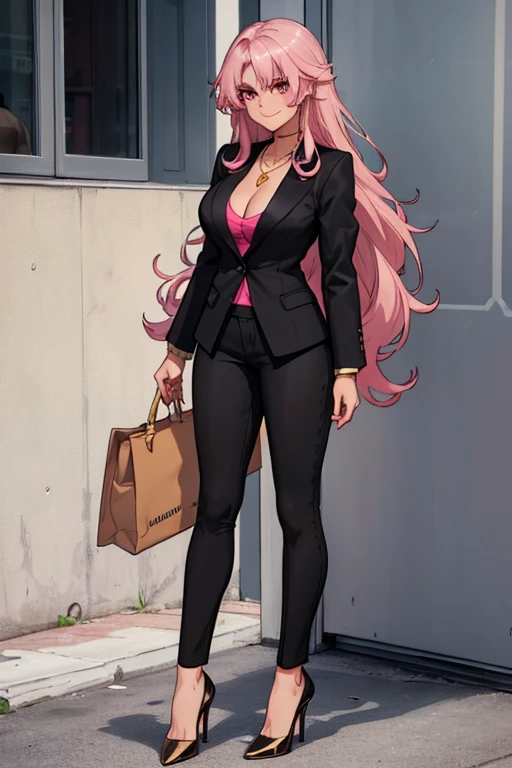 female, silver messy long hair, red eyes, tanned skin, (((1girl))), (((black blazer))), (pink shirt), (tan pants), (black heels), (necklace with gold pendant), cute and sexy, full body, big breasts, long legs, smiling, cleavage