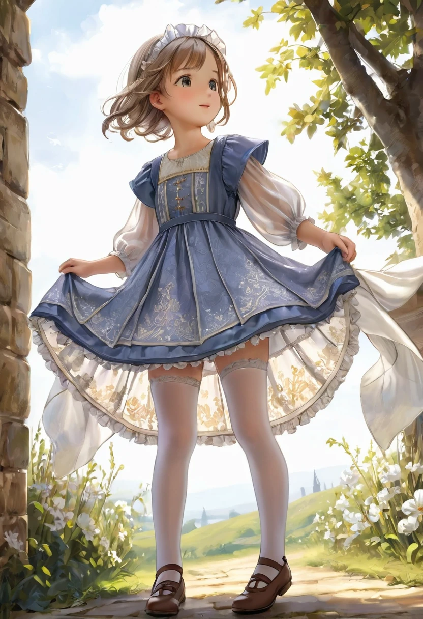 10 year old girl underwear, Realistic bloomers made from patterned cotton fabric, Medieval one-piece dress with panniers, Fabric Realism, Low - Angle, I see bloomers, Pull up the dress by hand, Strong winds, Translucent slip, Translucent slip, tights, Highest quality, Crotch close-up, whole body
