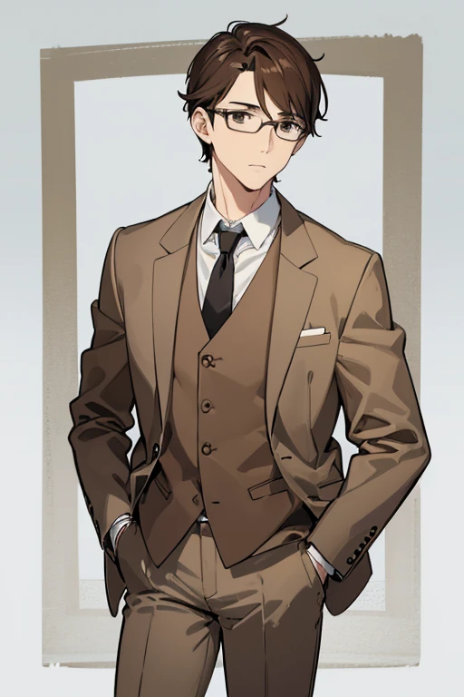 ((Highest quality)), ((masterpiece)), (detailed), One mature male、A photo showing your thighs to the top of your head、Standing facing the camera、Front facing、Brown Hair、Medium Hair、Brown eyes、Glasses、Slim body、Brown jacket、White shirt、Grey trousers、Expressionless、Looking into the distance、White background