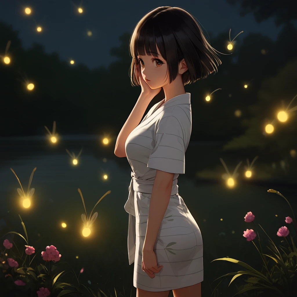 score_9,score_8_up,score_7_up,masterpiece,best quality, source anime, realistic, super detailed, extreme detailed, rating_safe,
1girl, standing, hand in hair, from side,
BREAK girl, 22yo, short hair, bob cut, (blunt bangs), black hair, (tareme, detailed cute brown eyes), curled eyelashes, (large breasts:0.9),
shiny hair, beautiful detailed eyes, beautiful face,
slender, small ass, slim legs,
white yukata, flower printed yukata,
(sad:0.5), parted lips,
outdoors, summer, night, river, bank, grass, wind, (firefly:1.4),