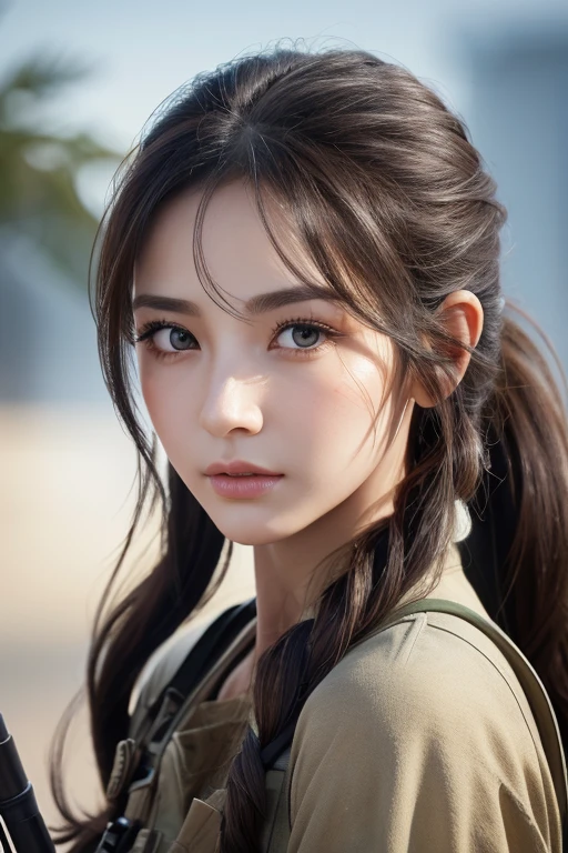 masterpiece、Highest quality、8k、ponytail、Attractive beautiful large almond-shaped eyes、Big black eyes、Long eyelashes、美しい桜colorの唇、A high, well-defined nose、color々Hairstyle、美しく輝くcolor々な髪color、((Realistic:1.3))、Cinematic lighting、Challenging eyes、Bold composition、Detailed face on the market、Detailed、Golden Ratio Face、Ultra-high resolution、Beautifully detailed and realistic white skin、((Sniper))、((rifleのスコープを覗く))、battlefield、rifle、((snipe))、soldier