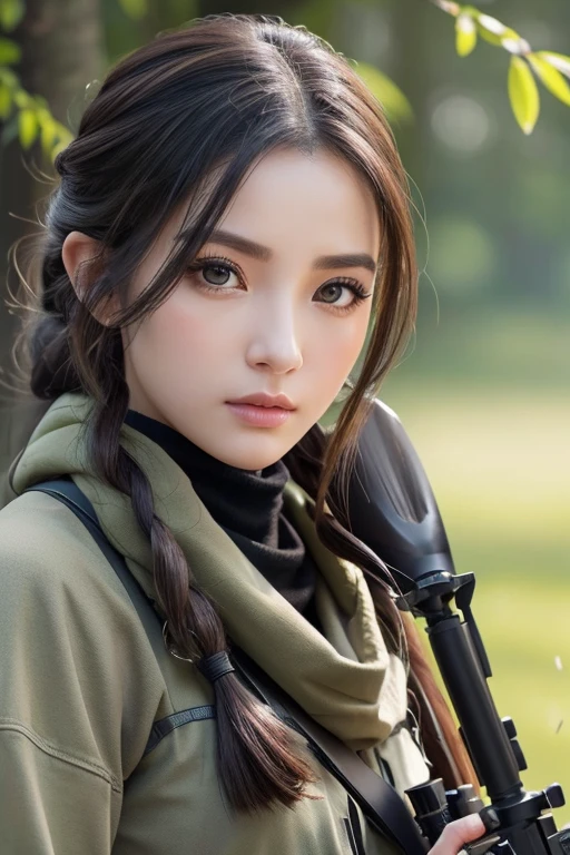 masterpiece、Highest quality、8k、ponytail、Attractive beautiful large almond-shaped eyes、Big black eyes、Long eyelashes、美しい桜colorの唇、A high, well-defined nose、color々Hairstyle、美しく輝くcolor々な髪color、((Realistic:1.3))、Cinematic lighting、Challenging eyes、Bold composition、Detailed face on the market、Detailed、Golden Ratio Face、Ultra-high resolution、Beautifully detailed and realistic white skin、((Sniper))、battlefield、(((Sniperライフル)))、((Sniper position))、soldier、(((Sniper)))、Camouflage