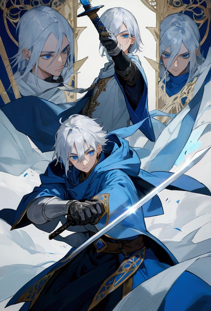 Wizard a young man, he has a silver hair and blue eyes, he wear a hood and wear gloves , hold sword with hand.
