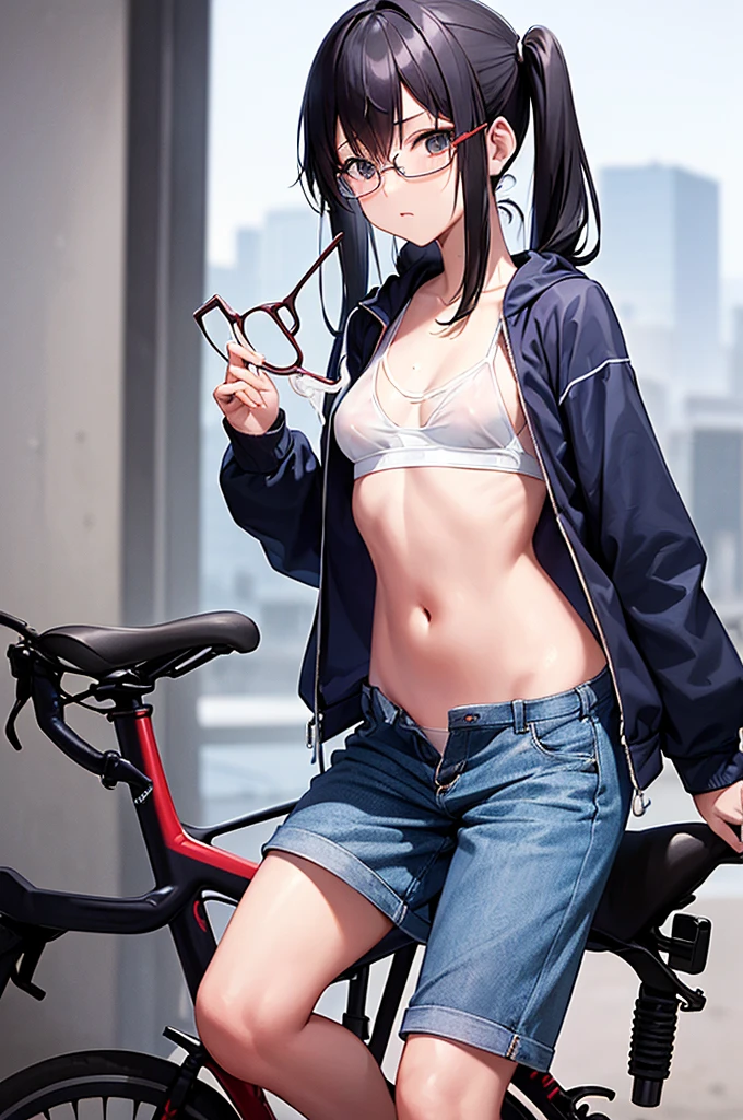 masterpiece, best quality,anime style, 1 girl,(((slender body))), (((small eyes,small breast,breast milk,breastfeeding a ))),(((Jacket, Open your clothes, Open jacket, Blue jacket, ground vehicle, Sports Bra, bicycle,buruma,glasses))),((((cum)))), (beautiful face), (((short twintail))), (((straight hair))), ((((black hair)))),detailed beautiful skin, (perfect hands, perfect anatomy)