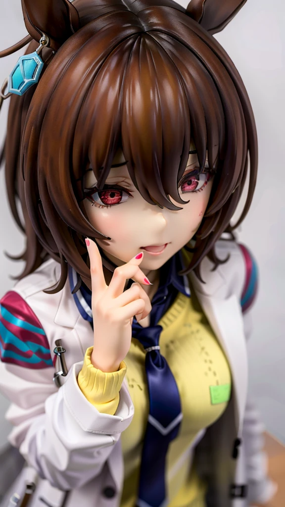 Agnes-Tachyon, umamusume, White lab coat and yellow sweater, Bright red eyes, tie, (Very large breasts:1.2),Upper Body, refer, (implied:1.4), Hand sign, throw, From above, Actual Photos, 8k, BJ-Face-POV