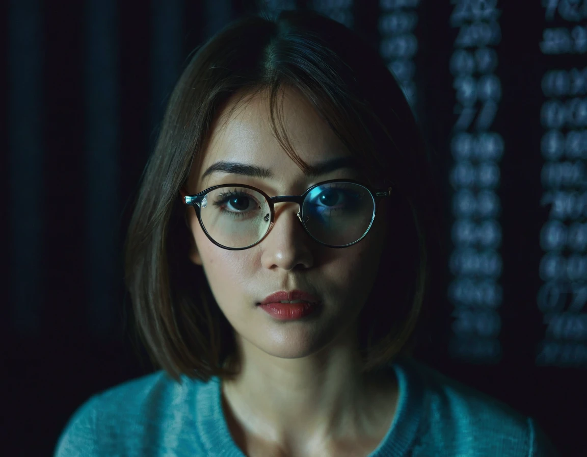 Looking through glasses in a dark room, only the face and glasses are visible and various numbers appear in the dark