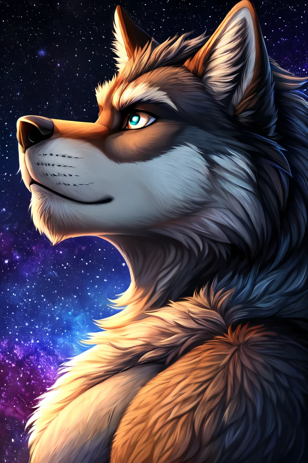 anthro, male, solo, fur, starry background, grey wolf, handsome, detailed eyes, majestic fur, muscular, shows one fang from the side