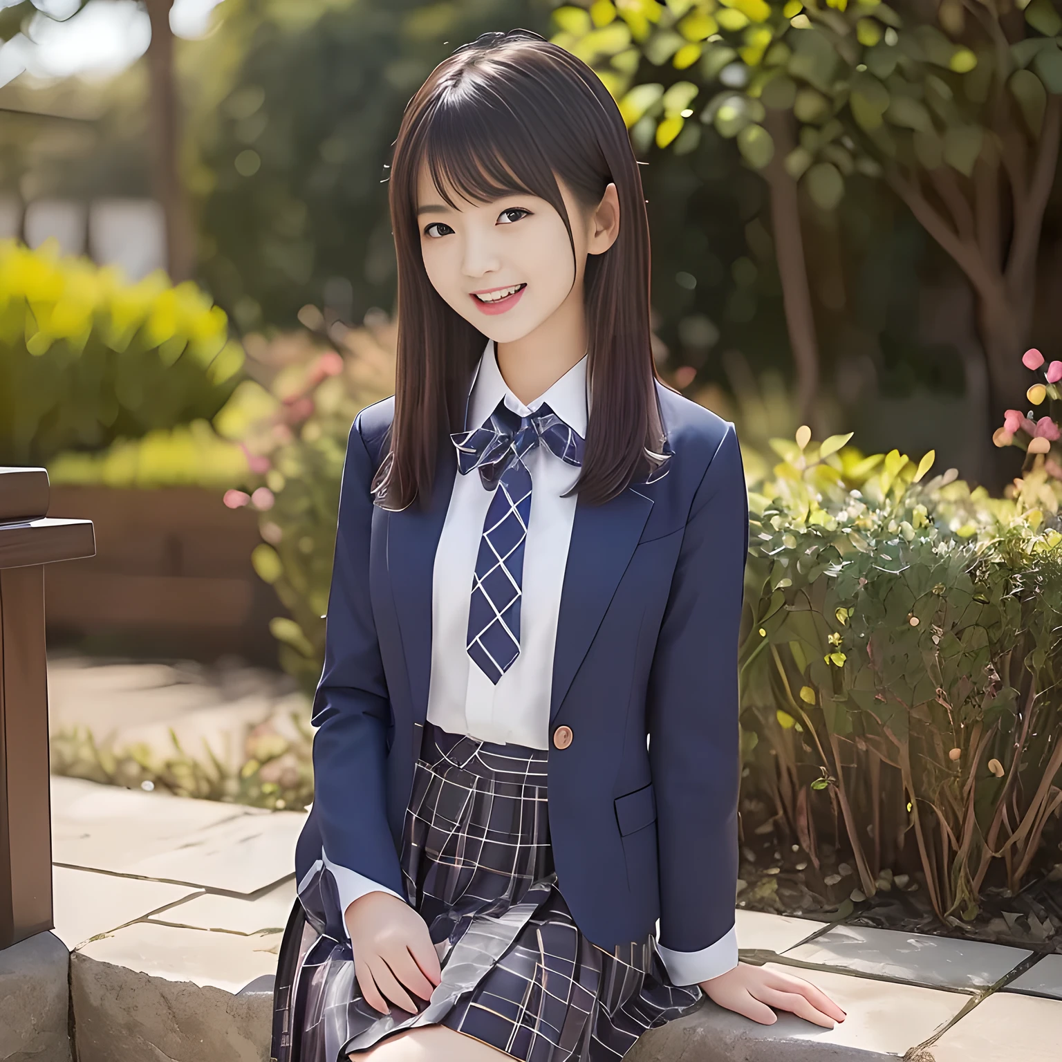 (Highest quality, masterpiece:1.2), Highest quality, High resolution, 1080P, 8k, height: 165cm, ((A noble and intelligent succubus who looks like a best proportion Japanese young lady is magically hypnotizing the viewer)), ((So sweet, very noble, cute and pretty Japanese beautiful cute girl)), ((A real, very girly, sweet, cute and noble girl)), ((((A beautiful Japanese cute fashion model)))), ((((Very pure white face and limbs)))), Glossy Lips, (Evenly cut bangs), ((Very beautiful, droopy, cute, pure, noble brown eyes)), ((Super long, straight black hair that reaches the floor)), (Very shiny, glossy Lips), ((Beautiful straight hair like a hair model)), Watch at you, ((Incredibly well organized, Rich facial expressions)), ((Plump and beautiful white skin and face)), ((Pure, clear, gentle brown eyes)), ((staring at me)), Glossy Lips, ((noble and elegant)), ((As the succubus charms you with her magic and giggles)), ((((Succubus is fascinating, calling to the depths of eternity)))), Very beautiful blue skirt, ((Large upward-curving lips)), ((Look directly at the viewer)), White Hand, (((Navy Japanese school blazer with noble emblem))), ((Navy and sapphire blue Japanese school uniform)), ((Tartan check pattern pleated long skirt)), ((Blue string ribbon tie)), ((((An ecstatic expression of boundless joy)))), ((Fantastical white dream paradise garden background)), ((Evilly moving tongue)), ((((Promotional image of shampoo and hair conditioner)))), perfect body, ((turning around and trying to capture me as a succubus))