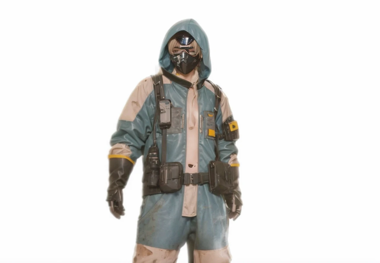 Teenage blonde girl, her hair is in lose twin tails, wearing a cropped blue leather jacket, white sports bra, baggy black pants with lots of pockets, goggles on her head, fair skin, covered with dirt and black mechanical grease. Sci fi settings,