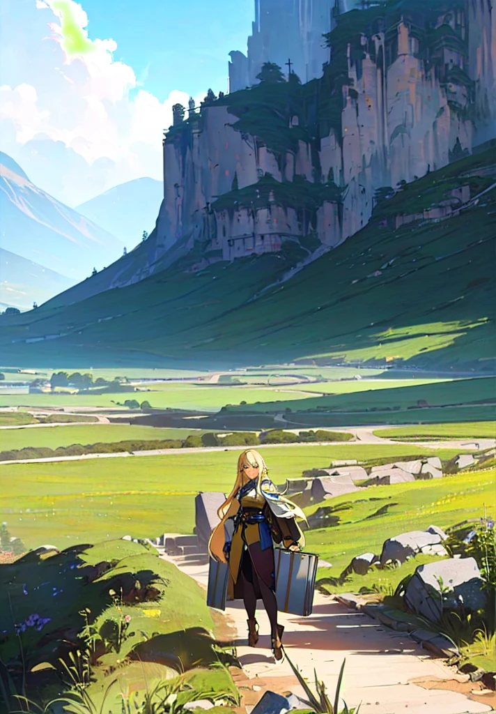 there is a blonde female elf walking on a path in the plateau, holding a big metal case, silvain sarrailh, ross tran. scenic background, 2. 5 d cgi anime fantasy artwork, immensely detailed scene, detailed scenery, anime landscape, anime countryside landscape, in a mountain valley, anime scenery concept art, digital painting concept art, scenery artwork, artwork in the style of guweiz