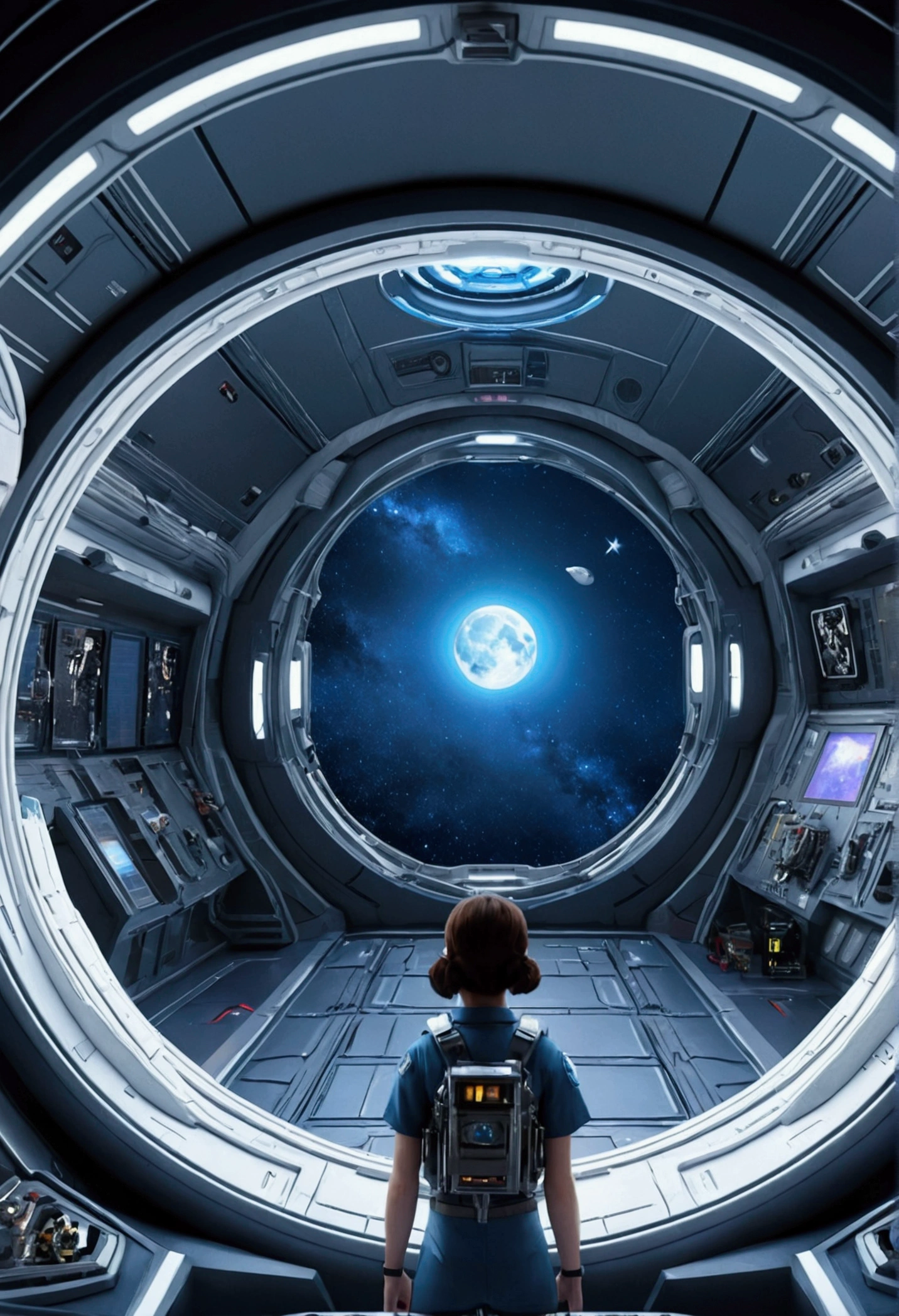 Science Fiction Movie Posters，Inside the spaceship, Pre-Girl, big dog fight，Fighters々Group of，Blue Moon Ray Tracing, Space Station,Moon Background， Game CG，8k，W 1 0 2 4 - N 8 - I