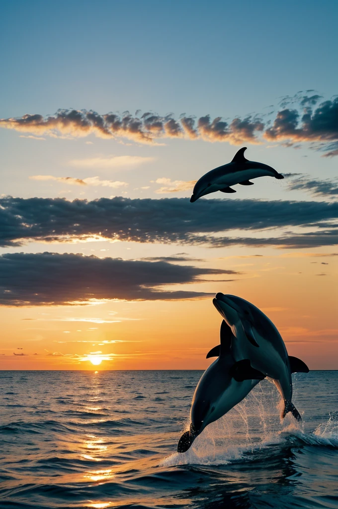 Illustration of dolphins in the sea at sunset