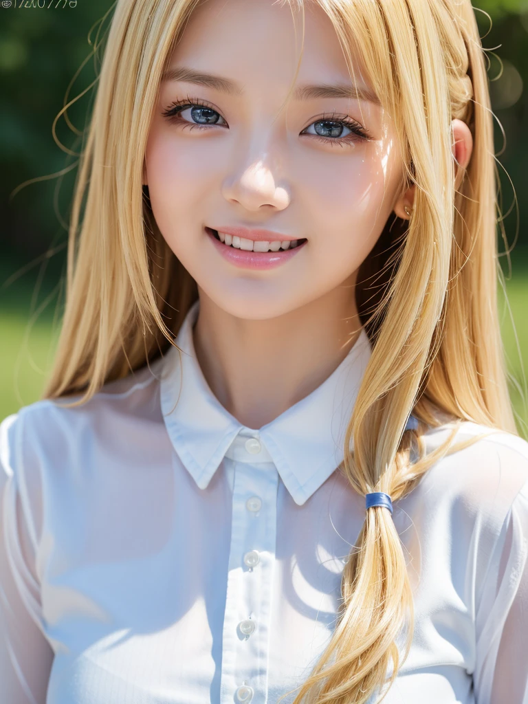 (photograph:1.2)、(Realistic:1.4)、(masterpiece:1.3)、(Highest quality:1.4)、超High resolution、(Detailed eyes)、(Detailed facial features)、(Detailed clothing features)、8k resolution、Focus Only、prohibit、double eyelid、Japanese, (One Girl), Beautiful Face, (Lively Faces), (blonde, Long Hair:1.3), Beautiful Hairstyles, Realistic eyes, Beautiful Eyes, (Realistic Skin), Beautiful Skin, Charm, 超High resolution, Surreal, High resolution, View your viewers,Laughter,Open white shirt,Are standing、It feels like me'Me looking down、
