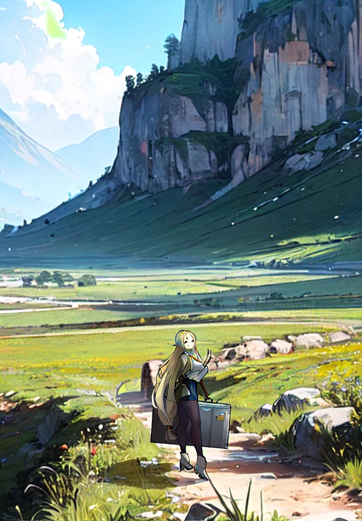there is a blonde female elf walking on a path in the plateau, holding a big metal case, silvain sarrailh, ross tran. scenic background, 2. 5 d cgi anime fantasy artwork, immensely detailed scene, detailed scenery, anime landscape, anime countryside landscape, in a mountain valley, anime scenery concept art, digital painting concept art, scenery artwork, artwork in the style of guweiz