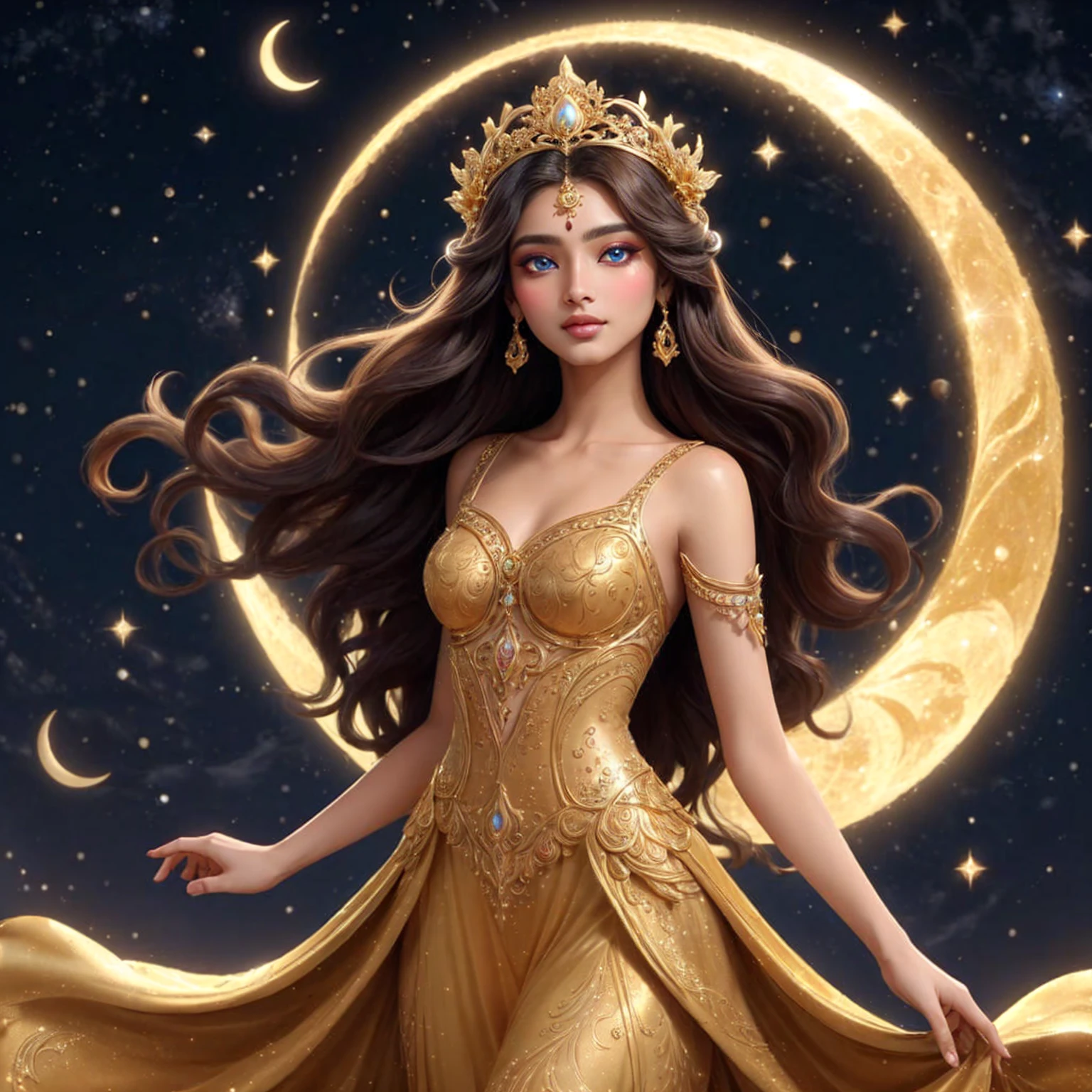 Indian woman, super model, beautiful makeup , pink mouth,blue eyes ,Dressed in gold, standing in front of a crescent moon., goddess of heaven, goddess of the moon, anime goddess, beautiful heavenly mage, lunar goddess, Moon Goddess, Golden Lotus Princess, Goddess of the Galaxy, Beautiful Fantasy Empress, ((Beautiful Fantasy Empress)), Goddess and Moon, As the sun goddess,, Goddess of space and time , thigh stockings , Fine gold jewelry
