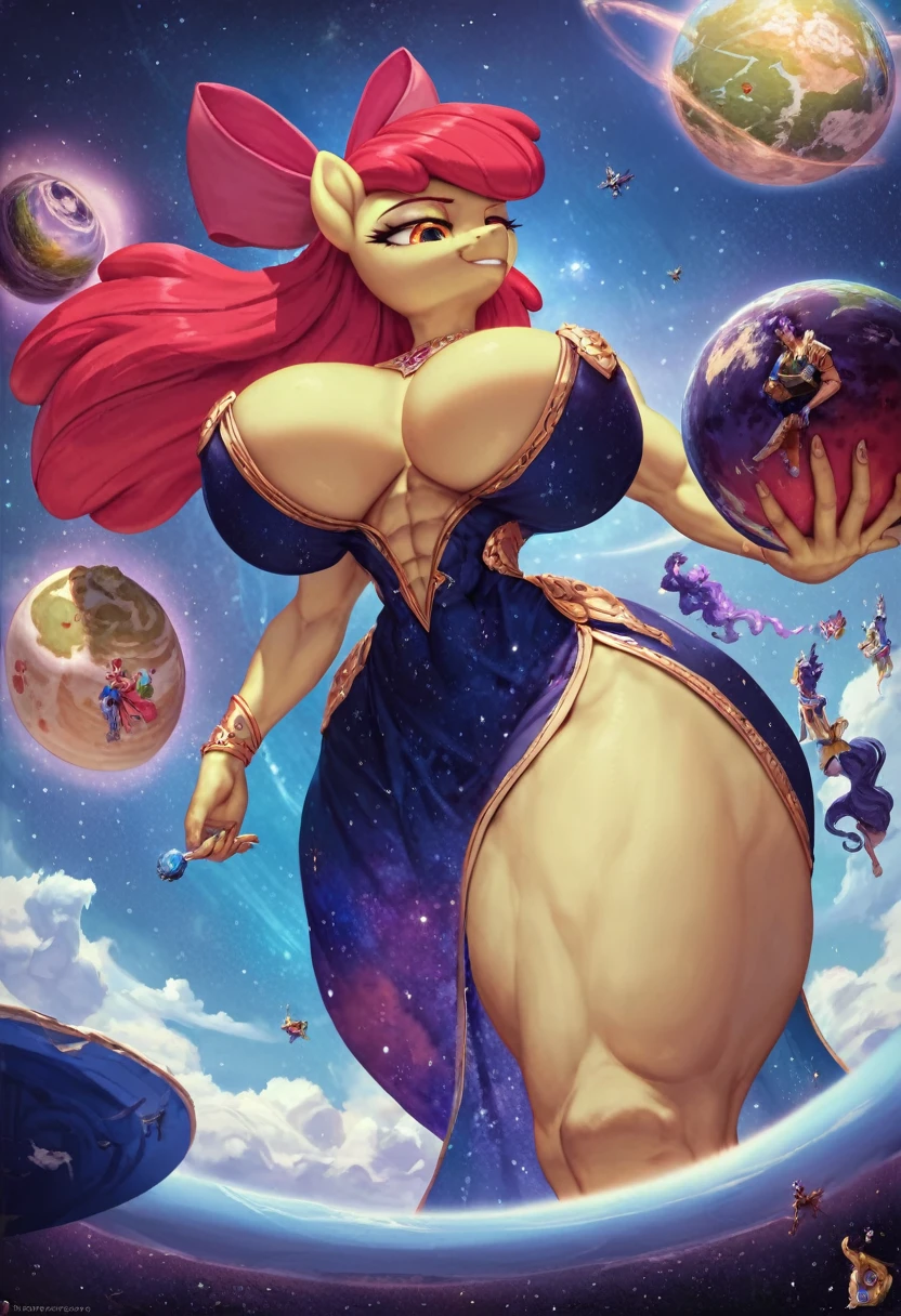 detailed, masterpiece, best quality, 1girl, score_9, score_8_up, score_7_up, narrow waist, huge breasts, wide hips, huge ass, thick thighs, smug, giantess, ((goddess)), apple bloom, abs, pony, space, cosmic dress, jewelry, floating, nebula, cosmic goddess, holding a planet