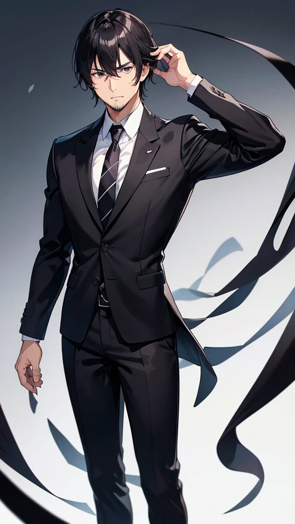 male、32 years old、less beard、Tired face、Glaring eyes、Long bangs、7:3 parting、Shot from the thigh up、Are standing、looking at the camera、Black suit、Businessman、Plain white background、Single、Japanese salaryman
