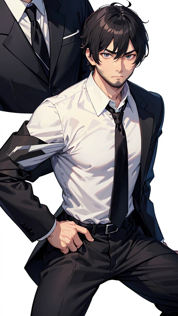 male、32 years old、less beard、Tired face、Glaring eyes、Long bangs、7:3 parting、Shot from the thigh up、Are standing、looking at the camera、Black suit、Businessman、Plain white background、Single、Japanese salaryman