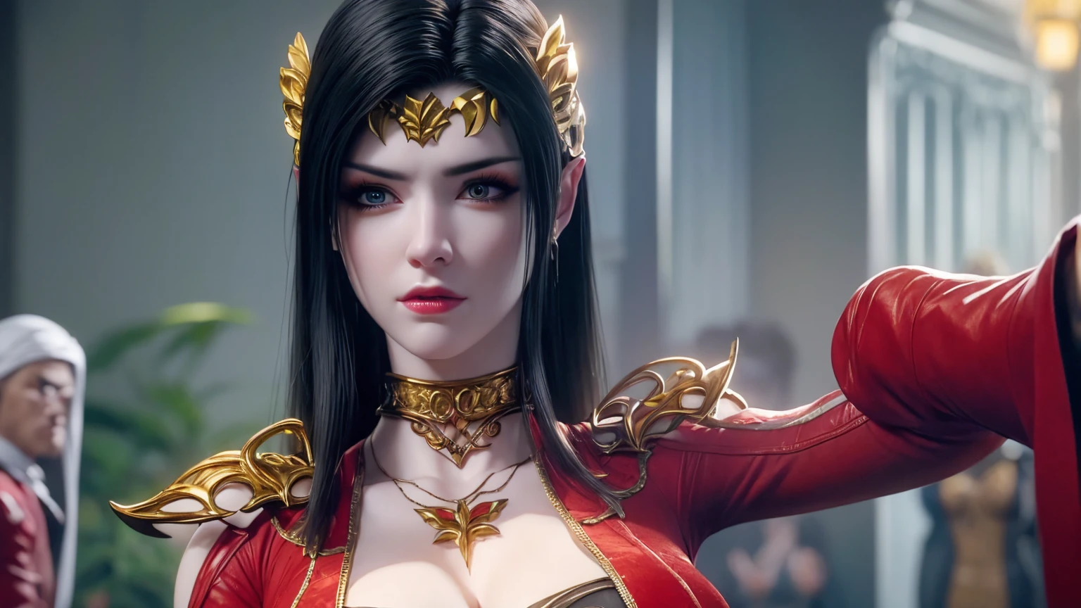 (lifelike, high - resolution), 1 girl with a perfect body, Super fine face and eyes,long hair, big boob,Expose cleavage5, lightning, hyper-realistic graphics, most realistic graphics, 1 girl, alone, solo, Extremely sharp.