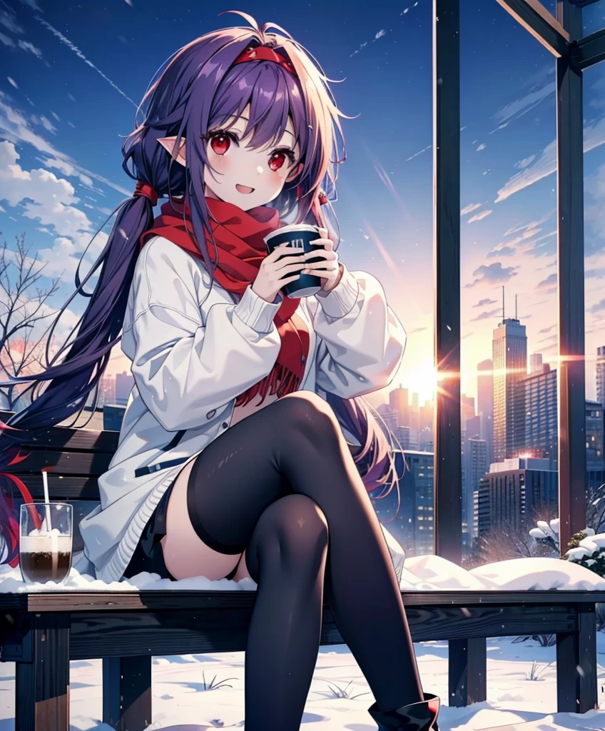 yuukikonno, Konno Yuuki, Long Hair, Pointed Ears, Purple Hair, (Red eyes:1.5), (Small breasts:1.2), Open your mouth,happy smile, smile, Open your mouth,hair band,low twin tail,Red Scarf,Oversized purple hoodie,Long skirt,Black pantyhose,short boots,Holding a paper cup of coffee in both hands,Sitting on a bench,snowが降っている,snowが降り積もっている,snow,snow,snow,snow,snowが積もった木,winter,Cold Sky,night,whole bodyがイラストに入るように,
break looking at viewer, whole body,
break outdoors, garden,
break (masterpiece:1.2), Highest quality, High resolution, unity 8k wallpaper, (figure:0.8), (Beautiful attention to detail:1.6), Highly detailed face, Perfect lighting, Highly detailed CG, (Perfect hands, Perfect Anatomy),