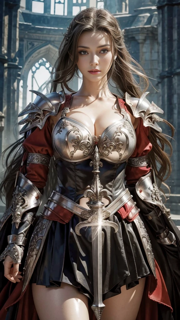 Close-up of a woman in red costume holding a sword, Red Armor, Photogenic details of armor, Wearing a shiny breastplate, Wearing fantasy armor, Witch wearing sword armor, Shiny white armor, Exquisite white armor, Clad in mystical battle armor, Gothic Armor, Highly detailed fantasy armor, Stunning Armor, Glamorous bikini armor, wearing ornate armor, Exquisite armor detailing、(((Big Breasts)))、((Voluptuous))、