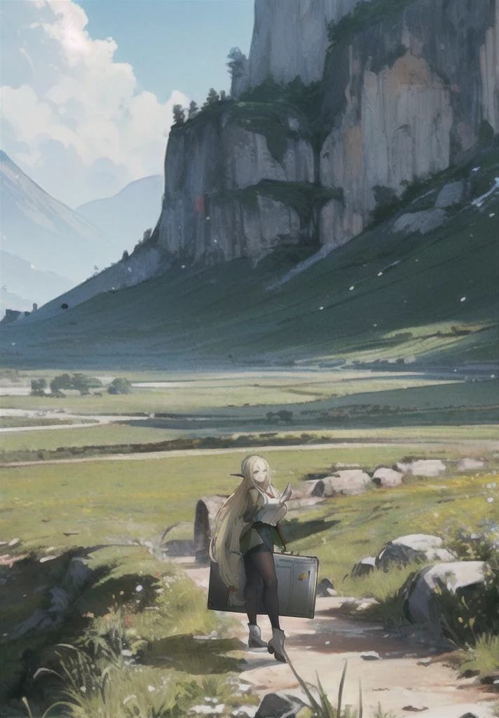 there is a blonde female elf walking on a path in the plateau, holding a big metal case, silvain sarrailh, ross tran. scenic background, 2. 5 d cgi anime fantasy artwork, immensely detailed scene, detailed scenery, anime landscape, anime countryside landscape, in a mountain valley, anime scenery concept art, digital painting concept art, scenery artwork, artwork in the style of guweiz