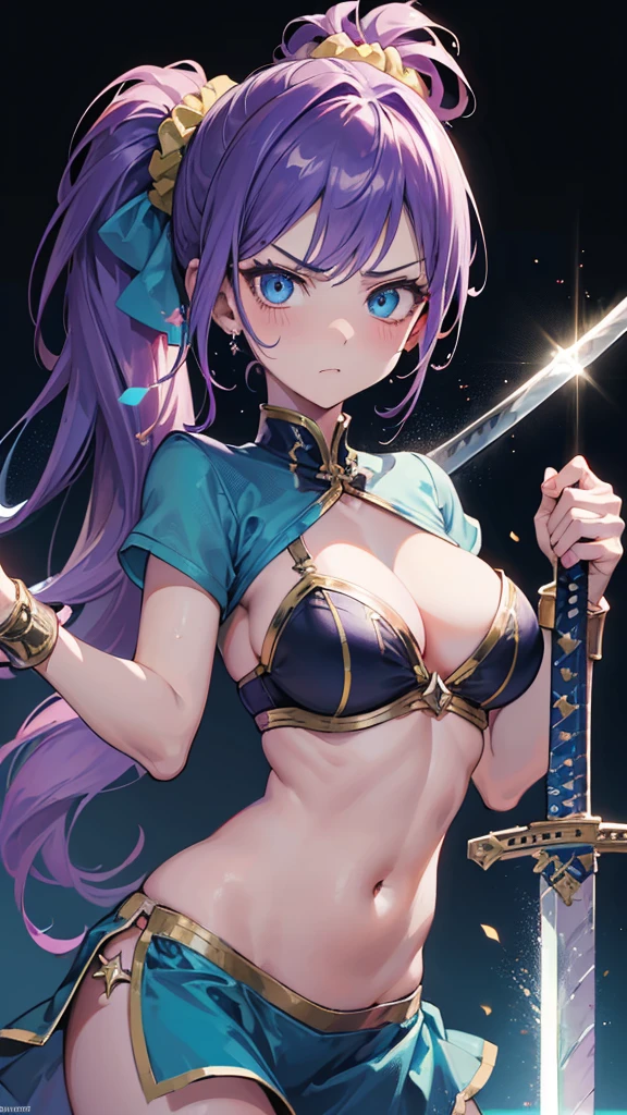 Best quality, Ultra detailed, best quality, insanely detailed, beautiful, masterpiece, 8k, 
break  
Colorful background, refraction Glowing white lines ,Crossing Light,light particles
break 
1lady, (gripping sword :1.5) , fire on sword,purple hair, long hair, high ponytail, (hair scrunchie :1.2) , green scrunchie,blue eyes, ultra detailed eyes,(bellydancer:1.3)purple clothes,abs, navel, Showcasing cleavage,
Break
upper body, strong facial expression,(sharp eye:1.2),(scowl:1.1), (stare at viewer with stern eyes:1.5), ,nsfw,(ecstasy:1.3) ,(slut:1.2),(vulgarity:1.3),(fucked silly:1.1),(steam:1.1),(wet:0.8),(trembling:0.8),(tears:0.7) ,(drooling:0.6),(sweat:0.8),