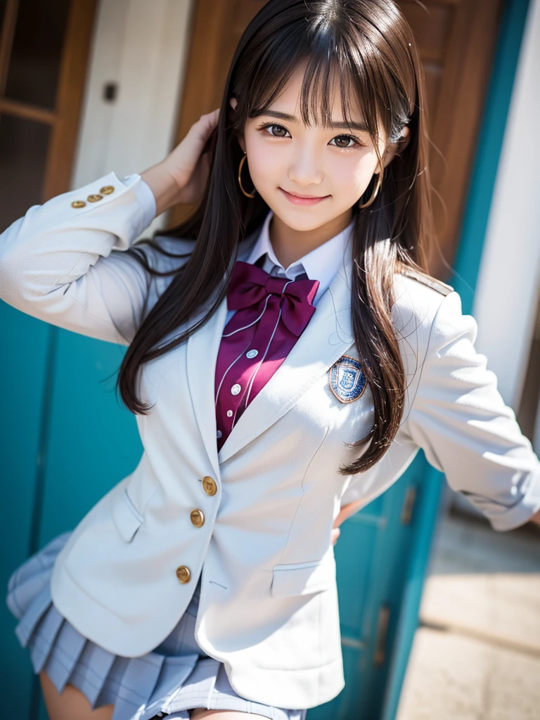 The pieces fly、Highest quality、figure、 Very detailed、Fine details、 High resolution、8K デンデ wallpaper、Perfect dynamic composition、Beautiful 17 year old girl、Neat and clean high school girl、Beautiful face in every detail、Beautiful eyes in every detail、Textured skin、A shy smile、Shortcuts、Small breasts、Bold sexy pose、School Blazer Uniform、