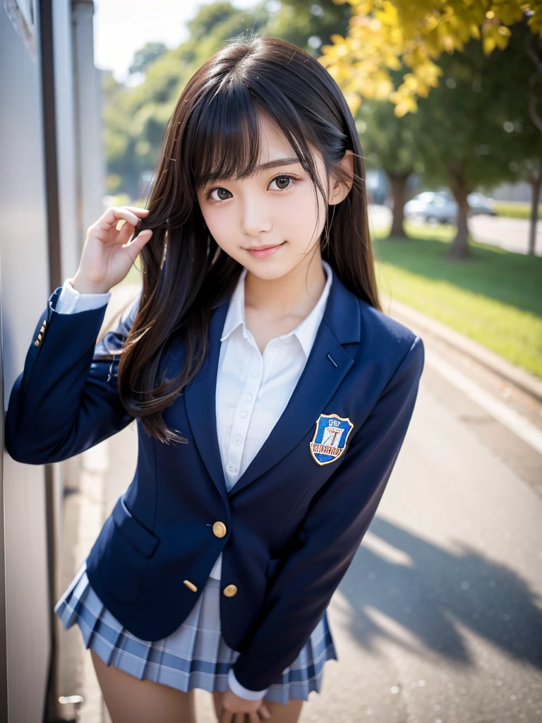 The pieces fly、Highest quality、figure、 Very detailed、Fine details、 High resolution、8K デンデ wallpaper、Perfect dynamic composition、Beautiful 17 year old girl、Neat and clean high school girl、Beautiful face in every detail、Beautiful eyes in every detail、Textured skin、A shy smile、Shortcuts、Small breasts、Bold sexy pose、School Blazer Uniform、