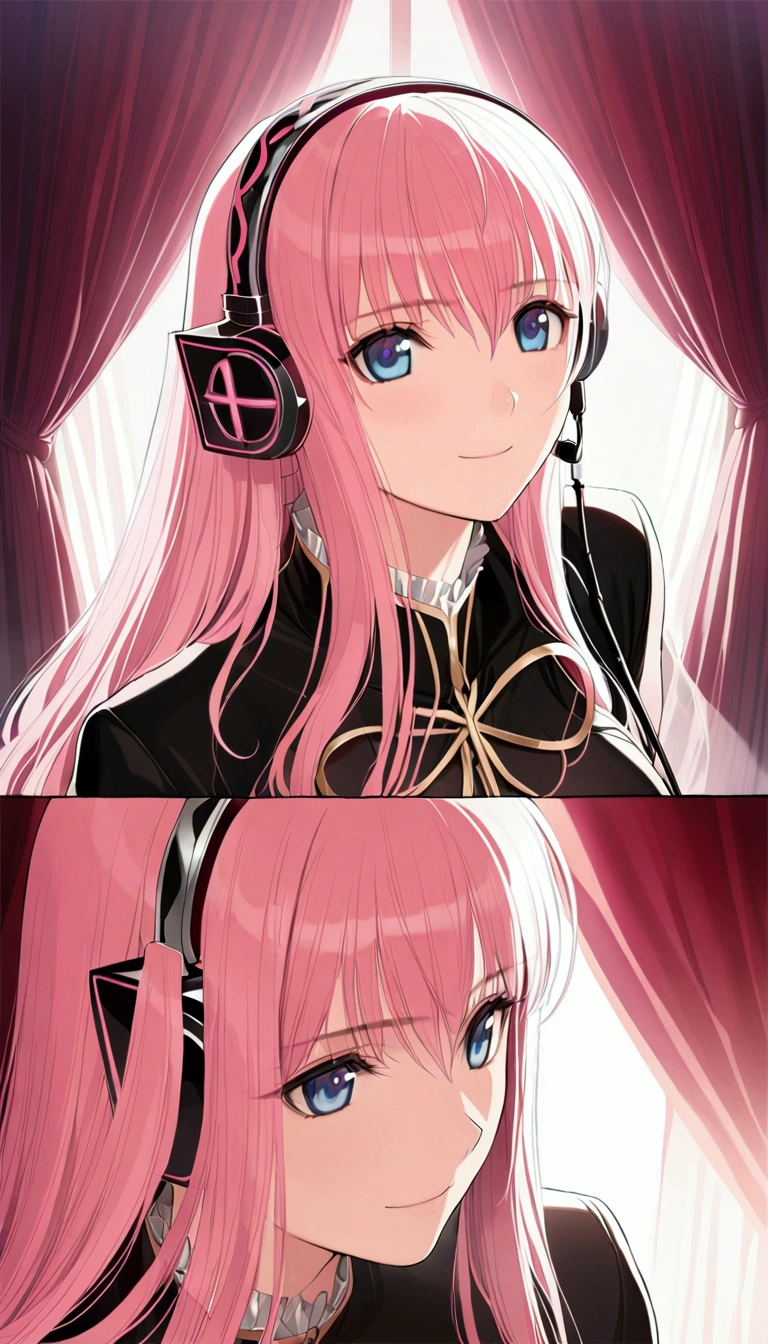 masterpiece,Detailed and beautiful depiction 1.1,Official Art,Beautiful adult woman ,Megurine Luka's official costume,headphone,Black costume,Pink long hair,blue eyes,smile,Bedroom