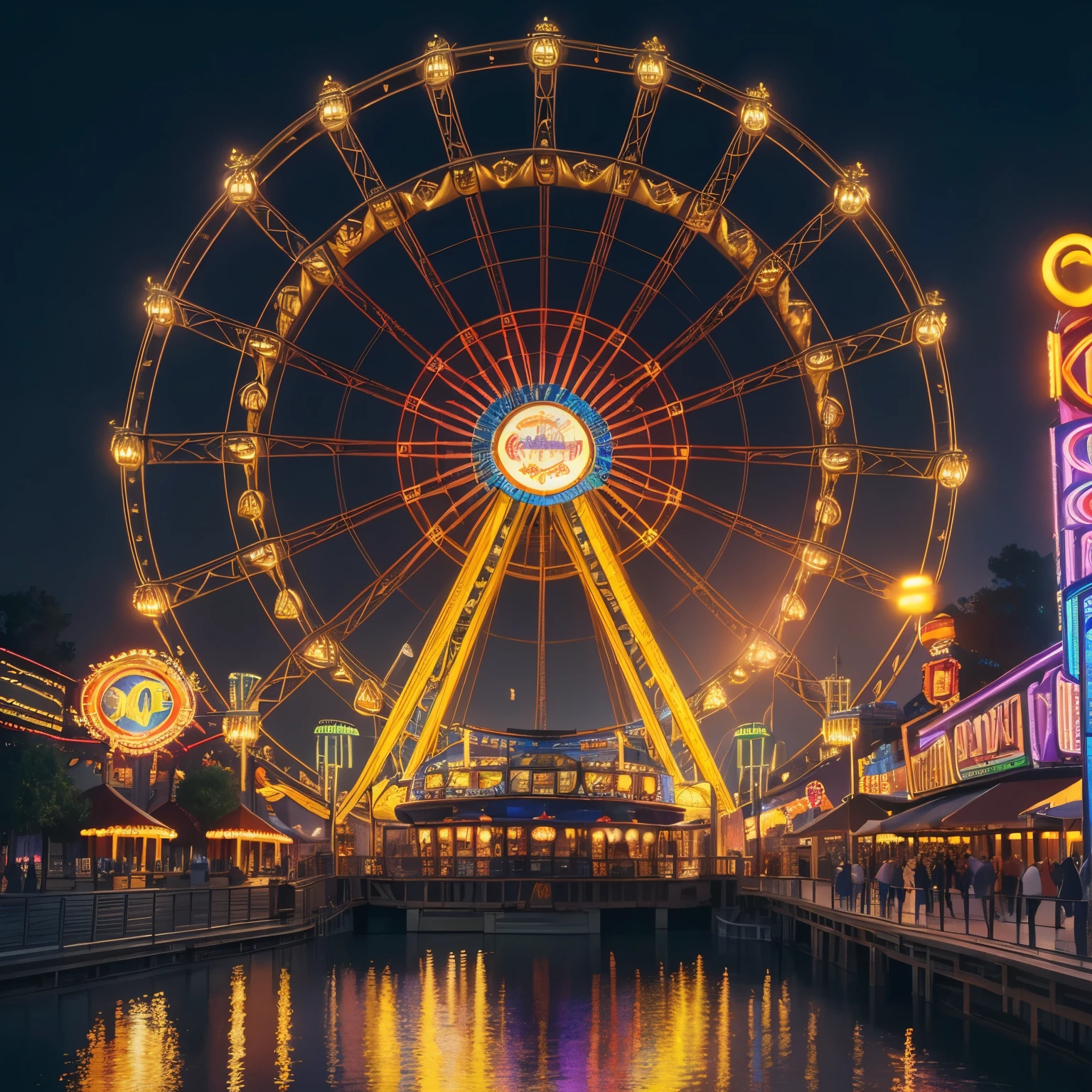 (best quality,8k,highres, masterpiece:1.2), ultra-detailed, HDR, UHD, studio lighting, ultra-fine painting, sharp focus, physically-based rendering, extreme detail description, professional, vivid colors, concept artists, warm color palette, dramatic lightingFerris wheel in an amusement park with beautiful illumination (no humans)