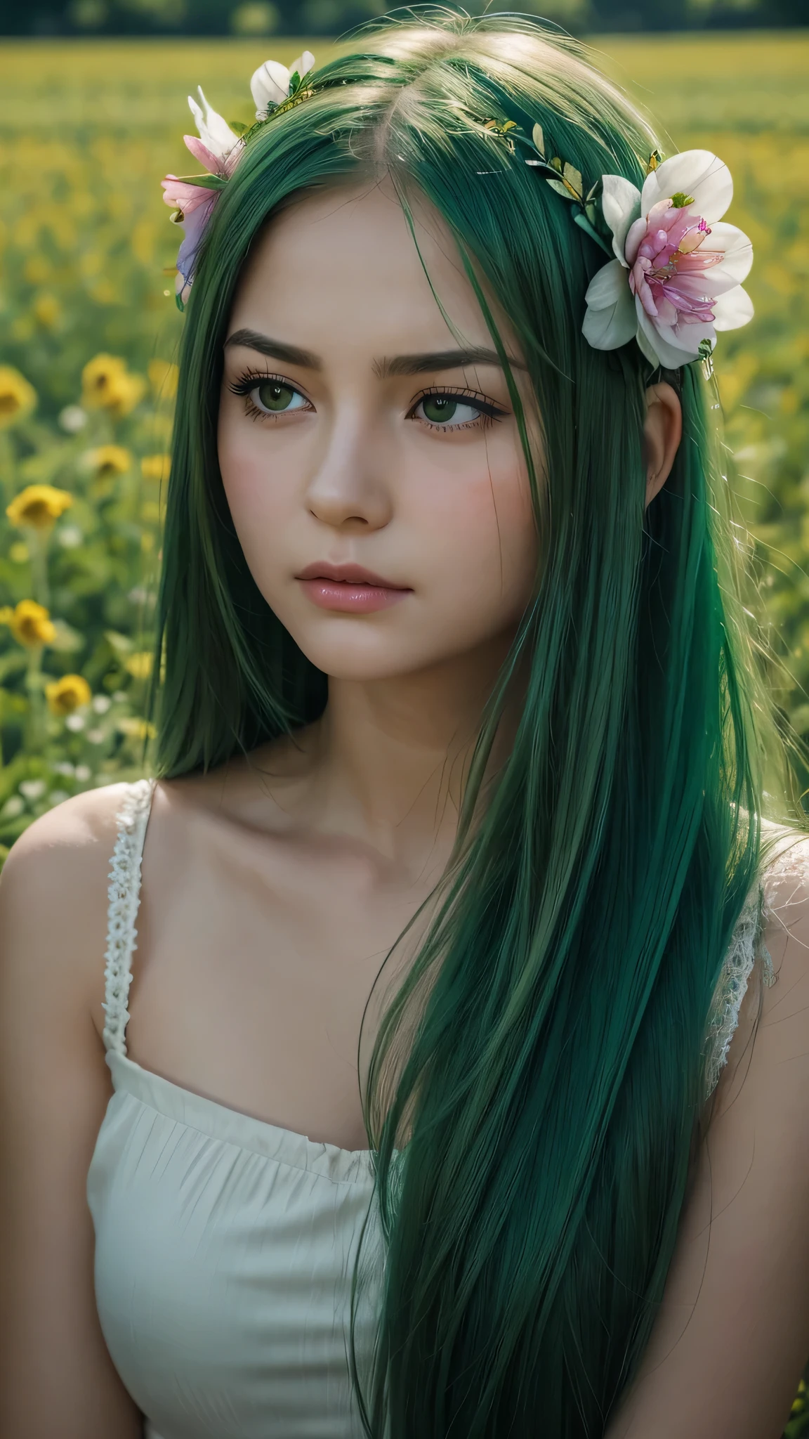 a girl. face sent feeling. Europe. Oval face. long face. delicate facial features. close eyes. seductively seductive. long straight hair. green hair. wreath on head. angry expression. straight face. in the flower field