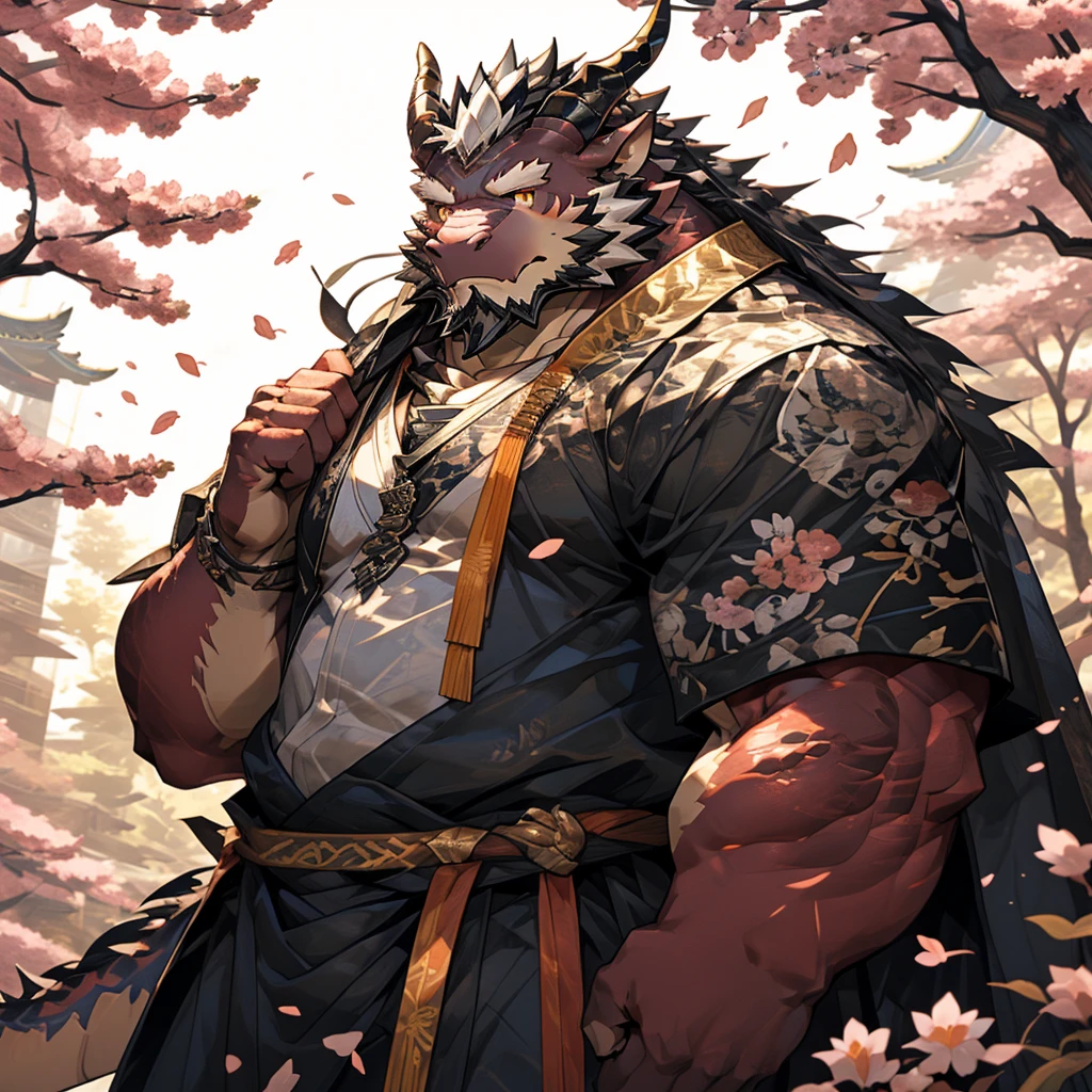 红色皮肤dragon),(黑白阴阳General战袍),Holding a long sword,坚Strong姿态,Stand calmly,(The background is a dark forest with peach blossoms in full bloom.:1.2),abdominal muscles,Heroic Stance飒爽,完美的masterpiece,Various facial details,Perspective from a distance,specific description,masterpiece,CG,(Golden Eyes),Black and white pattern,Crimson Tail,General,Heroic Stance,dragon,Red scales,Specific facial details,Half Body,(黑白阴阳General战履),(Chang Ling),((middle aged)),(Face Focus),(16K),HD,White belly,wilderness,beard,(China costume),Different students,(Black and white yin and yang shirt),(Black and white hair),Strong,muscle,(high resolution:1.3),(Standing in the depths of the desolate peach blossoms),(close up),(Delicate face:1.5),Perfect details,(Half Body),(Facial details:1.5),(Zoom in on the face:1.5),(White noodles:1.2),(黑色beard:1.3),(white face;1.6),White body