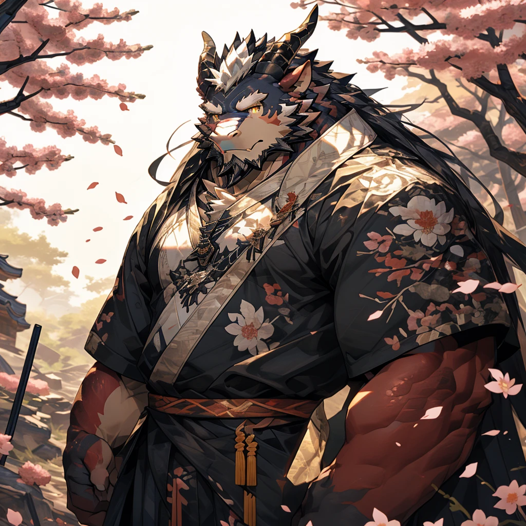 红色皮肤dragon),(黑白阴阳General战袍),Holding a long sword,坚Strong姿态,Stand calmly,(The background is a dark forest with peach blossoms in full bloom.:1.2),abdominal muscles,Heroic Stance飒爽,完美的masterpiece,Various facial details,Perspective from a distance,specific description,masterpiece,CG,(Golden Eyes),Black and white pattern,Crimson Tail,General,Heroic Stance,dragon,Red scales,Specific facial details,Half Body,(黑白阴阳General战履),(Chang Ling),((middle aged)),(Face Focus),(16K),HD,White belly,wilderness,beard,(China costume),Different students,(Black and white yin and yang shirt),(Black and white hair),Strong,muscle,(high resolution:1.3),(Standing in the depths of the desolate peach blossoms),(close up),(Delicate face:1.5),Perfect details,(Half Body),(Facial details:1.5),(Zoom in on the face:1.5),(White noodles:1.2),(黑色beard:1.3),(white face;1.6),White body