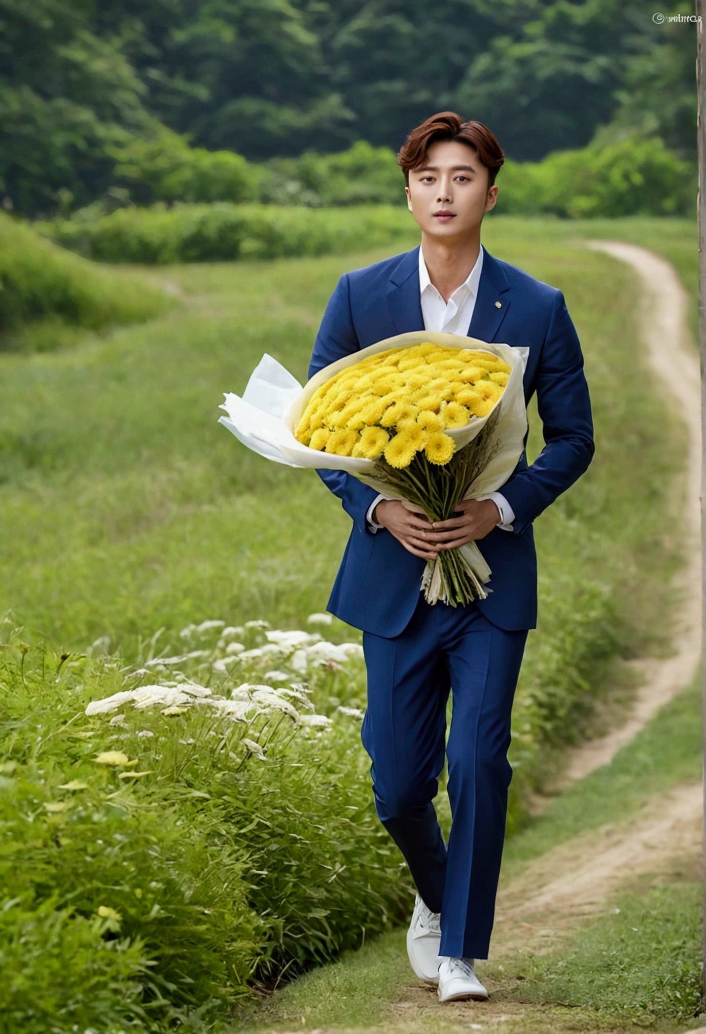 Park Seo joon ,korea actor, full body, walking along the grass road, at country side, beyond the meadow, holding a bundle of chrysanthemum, XF IQ4, 150MP, 50mm, ISO 1000, 1/250s, natural light, Adobe Lightroom, photolab, Affinity Photo, PhotoDirector 365