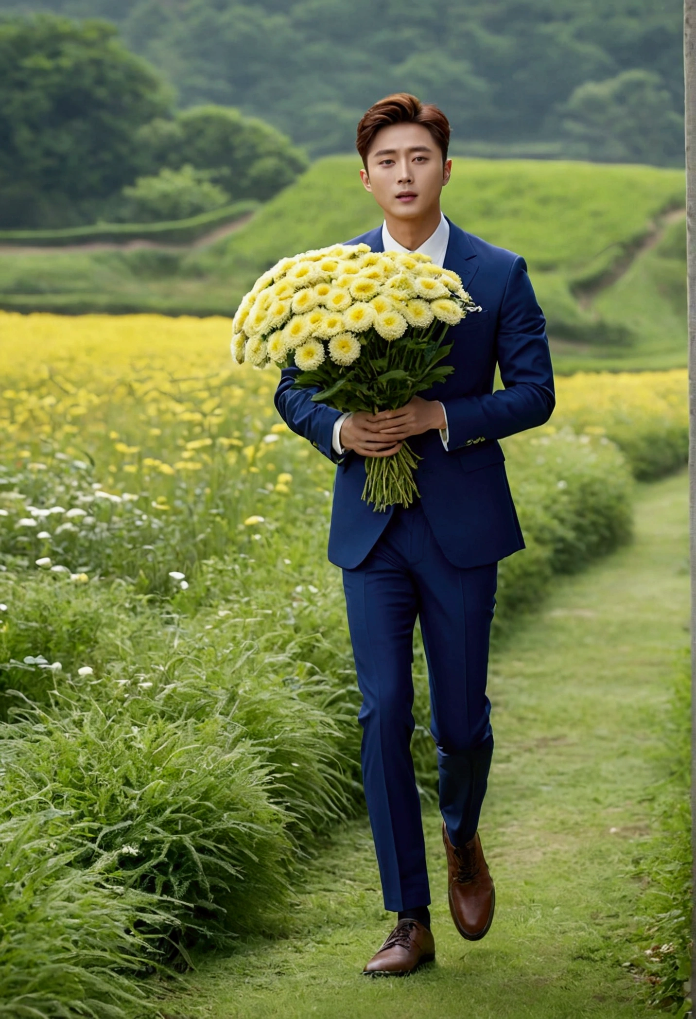 Park Seo joon ,korea actor, full body, walking along the grass road, at country side, beyond the meadow, holding a bundle of chrysanthemum, XF IQ4, 150MP, 50mm, ISO 1000, 1/250s, natural light, Adobe Lightroom, photolab, Affinity Photo, PhotoDirector 365
